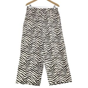 Tahari Large Zebra Print 100% Linen Wide Leg Pull-On Pants Elastic Waist Pockets